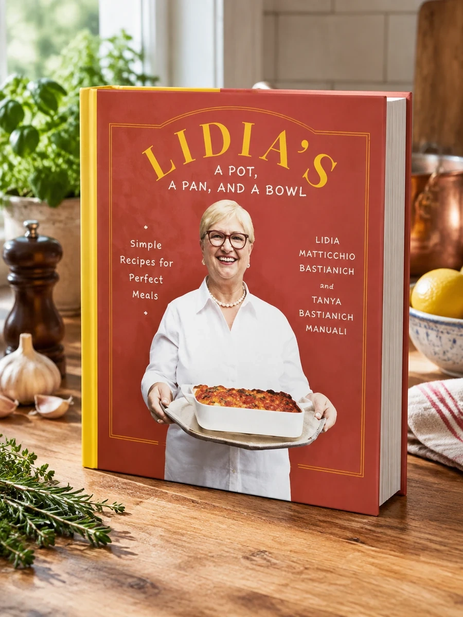 Cover of Lidia's a Pot, a Pan, and a Bowl: Simple Recipes for Perfect Meals: A Cookbook