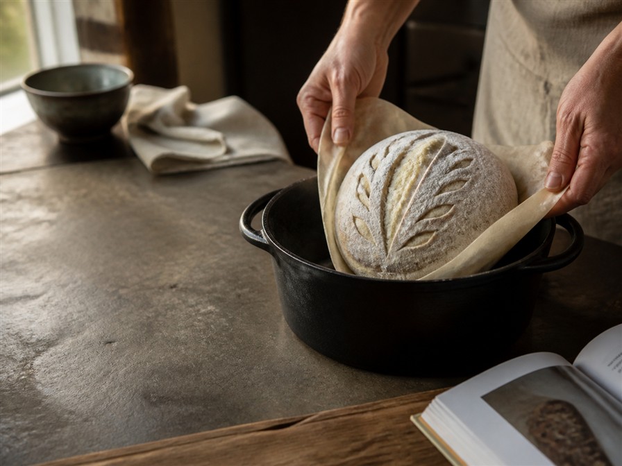 A baker placing a scored sourdough loaf into a cast iron Dutch oven